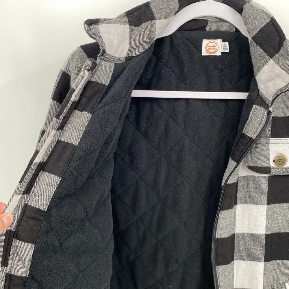 Wonder Nation Plaid Shacket Flannel Collared Full Zip Jacket Black White XL